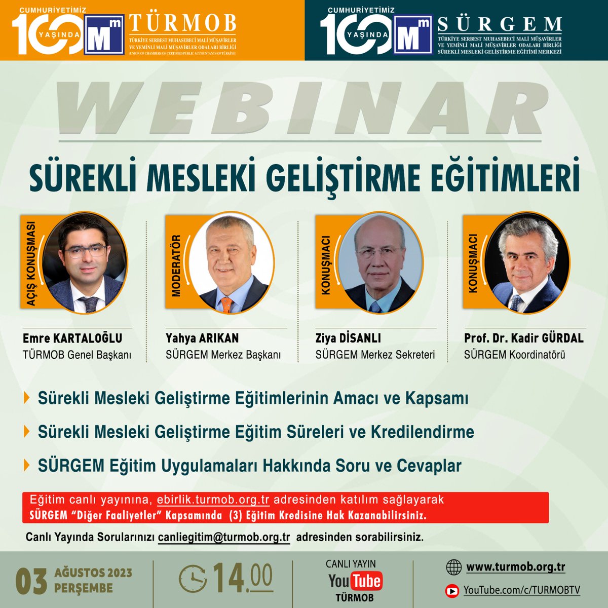 “Sürekli Mesleki Geliştirme Eğitimleri” Webinarını, 3 Ağustos 2023 Perşembe saat: 14:00’de YouTube kanalımızdan 🔗 ow.ly/3SzP50PjkTT canlı olarak izleyebilirsiniz.

#türmob