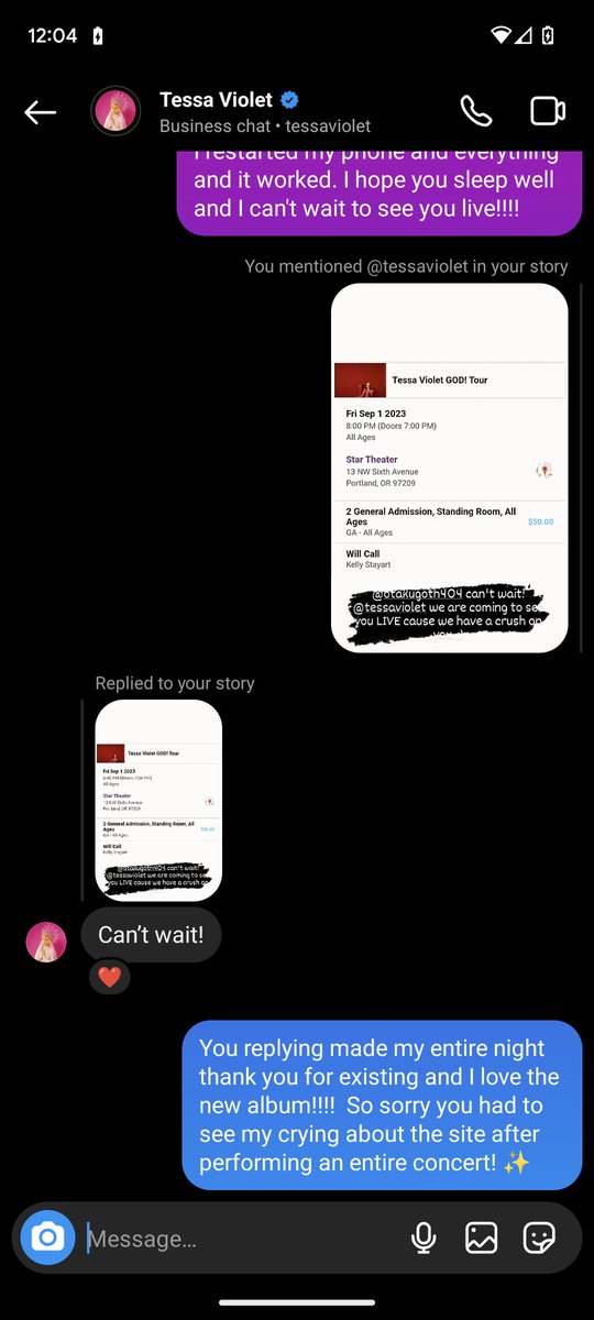 Since this account is just about the times <a href="/TessaViolet/">Tessa Violet</a> notices me here's this. Stream her music and go see her live please! ✨