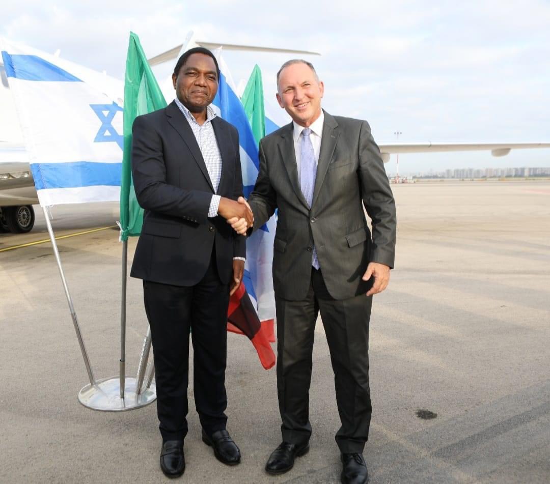 HHichilema's tweet photo. Arrived in #Israel on a State Visit, at the invitation of President @Isaac_Herzog. 
This visit aims to further strengthen our enduring alliance &amp; explore avenues for collaboration in trade, tech, healthcare, agriculture &amp; more. 🇿🇲🇮🇱 #PartnerForProsperity https://t.co/32tOQPnydO