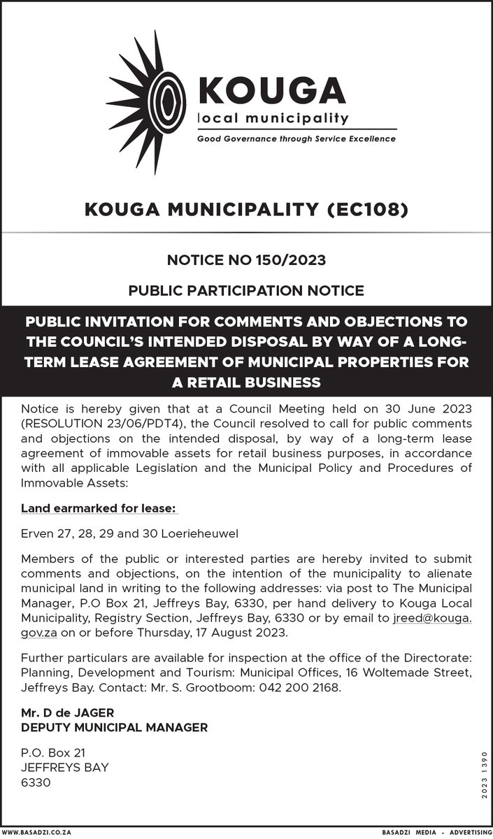 BasadziGroup's tweet photo. The following Municipalities/Departments/Companies released vacancies/tenders/notices this past week  

1.  Joburg Water 
2. INSETA 
3. TUT
4. Kouga   

keep safe, like &amp; share, and stay tuned for more posts/tenders/Vacancies https://t.co/eNA4ECDGeF