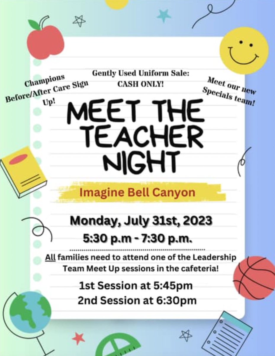 Cheetah Families! Don’t forget to join us tonight, July 31st, for Meet the Teacher Night from 5:30pm-7:30pm.

#MeetTheTeacher #ImagineSchools