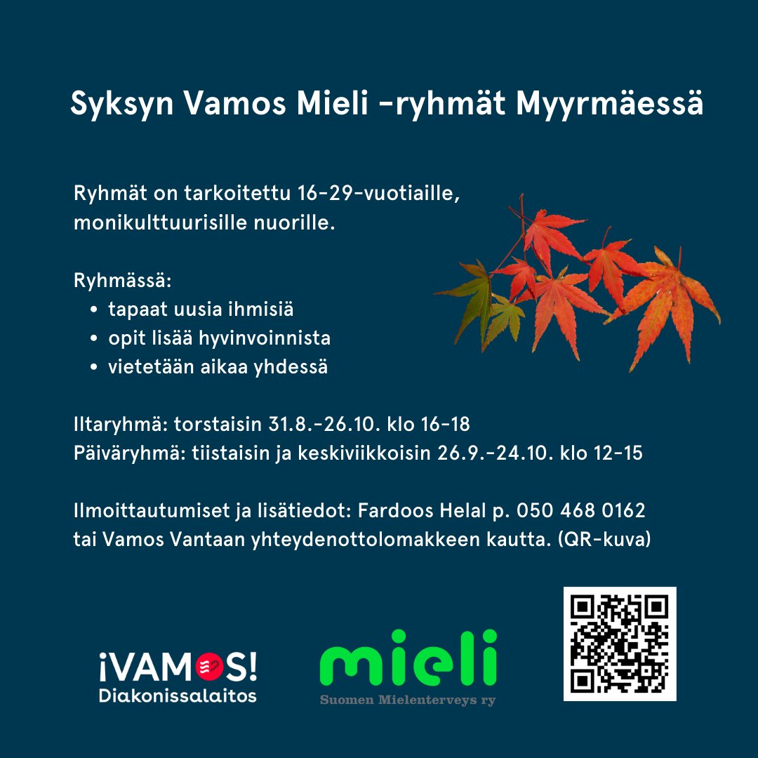 Mielen hyvinvointia tukevaa ryhmätoimintaa nuorille syksyksi. Ilmoittaudu mukaan 🍂🍁 @mielenterveys @vamosnuoret @HDLsaatio