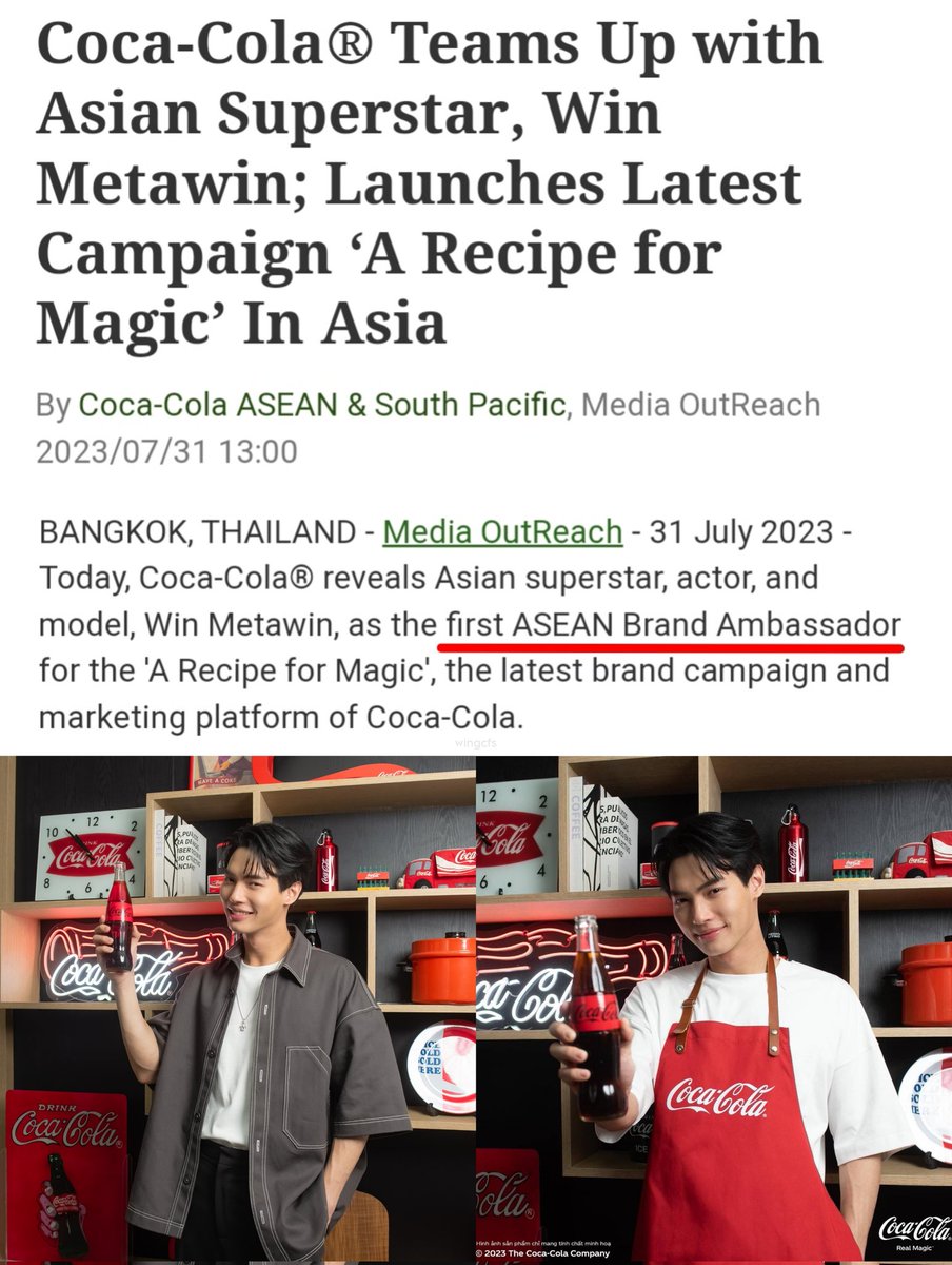 hanniegcfs's tweet image. win metawin is the FIRST asean brand ambassador for coca-cola's #RecipeForMagic GLOBAL campaign, which will be launched in 8 countries in SEA ❤️‍🔥

wow, this is such a huge feat for him! don't you feel like bragging your own artist a little @GMMTV 🤩

#WINxCocaCola 
#winmetawin