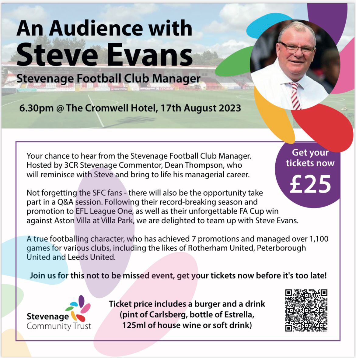 Join us at @cromwelloldstevenage on 17th August @ 18.30 for an evening with Steve Evans! Tickets are selling fast so grab yours now :
eventbrite.co.uk/e/an-audience-… #StevenageComingTogether