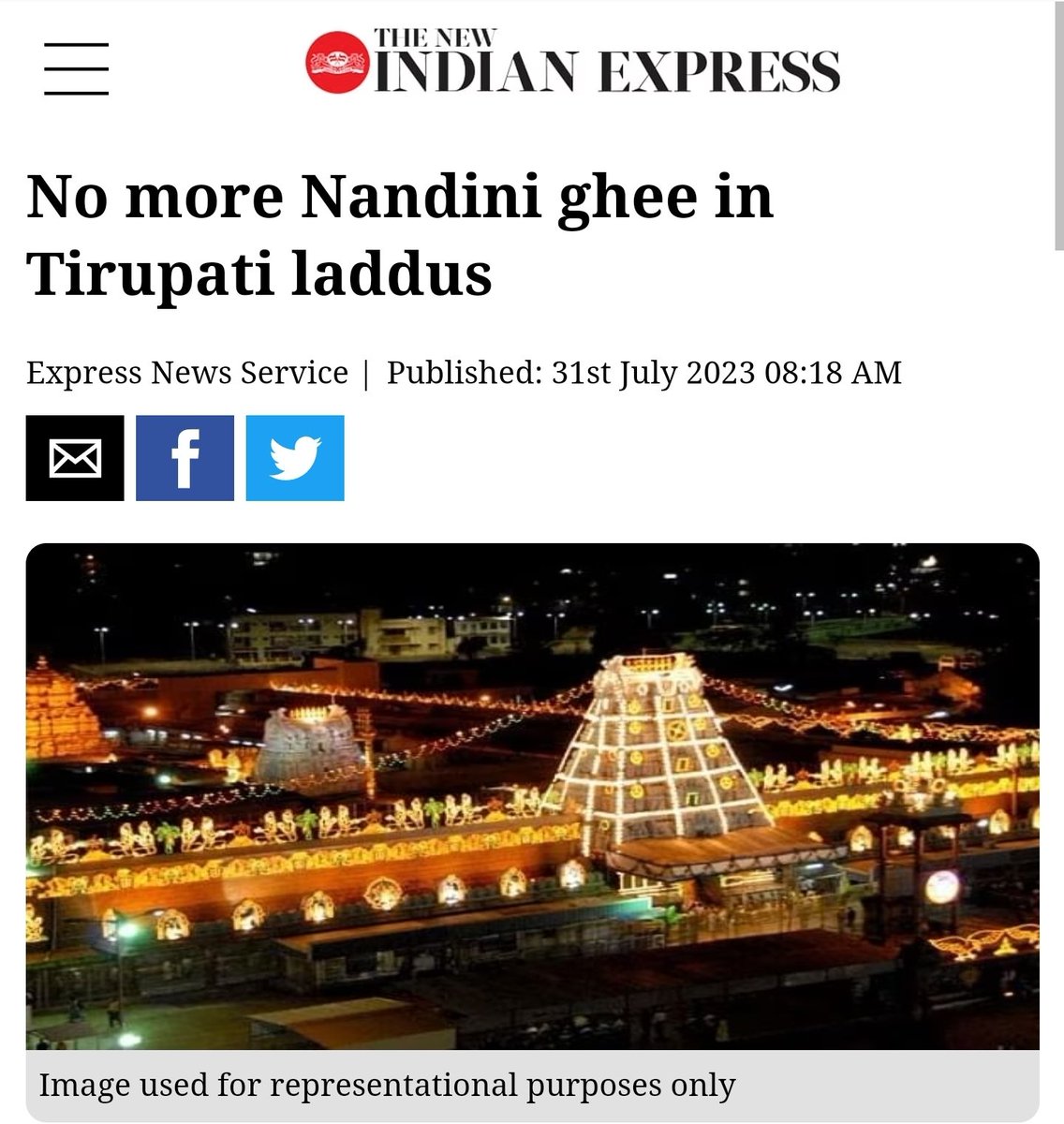 RShivshankar's tweet photo. TTD won't buy Nandini ghee from Karnataka Milk Federation to make its famous laddus because latter quoted a higher price.

Nandini loses out under govt run by a party that pre-polls vowed to protect its interest at any cost.

Polls over so "guarantee" to Nandini expiring? https://t.co/81SFeD5x1z