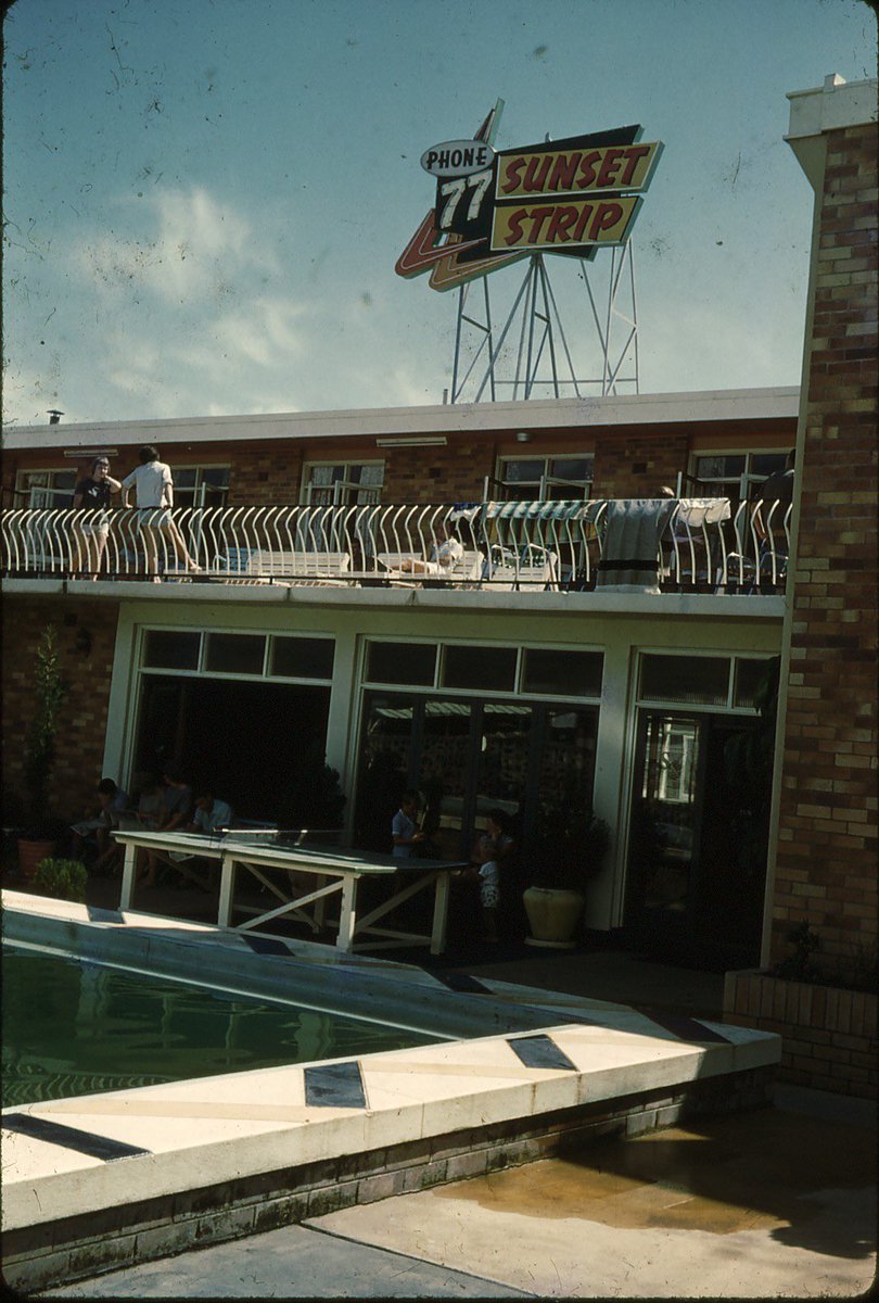 eric_riddler's tweet photo. #FoundSlideHoliday Poolside at the 77 Sunset Strip motel, Coolangatta, Yugambeh country, Gold Coast, Queensland, circa 1961 (photographer unknown) https://t.co/HKL1ECedwo