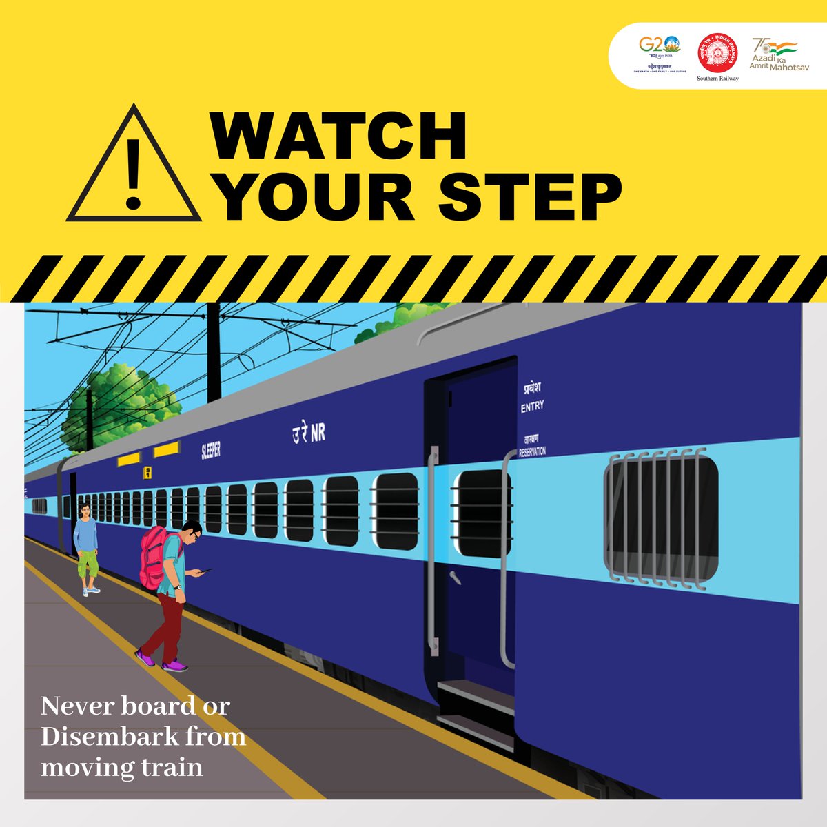 DRMPalghat's tweet photo. Never Board/disembark from a moving train no matter how urgent the situation is, as it may cost your life.

And Remember, a moment of carelessness can lead to lifetime loss for your loved ones.

Stay Alert, Stay Safe!

#TrainSafety #PassengerTips #SafetyFirst  #TrainTravel https://t.co/GcUIUaN8U9