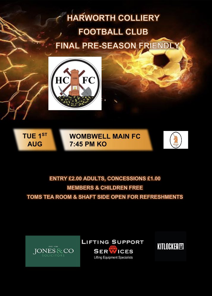 HCIFC's tweet photo. Tuesday night sees our last pre season friendly before the new season starts in earnest this coming Saturday

The lads will face @WombwellMain at the @jones_solicitor KO 7:45pm

Look forward to seeing you there https://t.co/YPOQZS2JTL