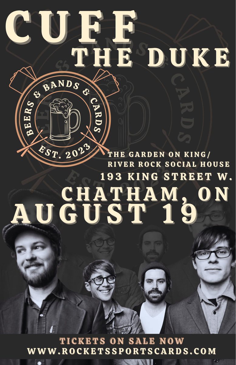 UphamD's tweet photo. Live music on Saturday August 19th in Chatham, ON! Check out this awesome Canadian lineup headlined by Juno nominated band @cufftheduke!
@theCJMBand @TruckstopF @ronleary 
Presented by: @RocketSports9 https://t.co/qi0J9nx7mB
