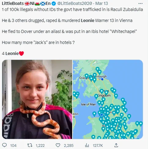 LittleBoats2020's tweet photo. Attn all virtue signalers, Wokes & "Refugees Welcome" airheads - The terrible price of your smug liberalism is being paid in blood by others!   

4 Afghan illegals kidnapped 13 yr old Austrian Leonie - They then drugged, gang raped &, in an attempt to hide their savagery, killed her    

One of those cockroaches came here under an alias yet you gleefully welcomed him as you did the many predators now charged with rape & those sexually menacing children around the 524+ hotels they've been dumped in  See Map https://t.co/Ec7kjCBay6   

Can you not for one second  try to imagine how Leonie felt in her last horrifying hours as 4 of your cause célèbre's raped her ?    

But for your blind violin playing & self loathing  mentalities no illegals would've been in Austria or here & this child would still be alive    

Take a good look at Leonie & think of her & the many future victims to come when you scream "refugees welcome"
