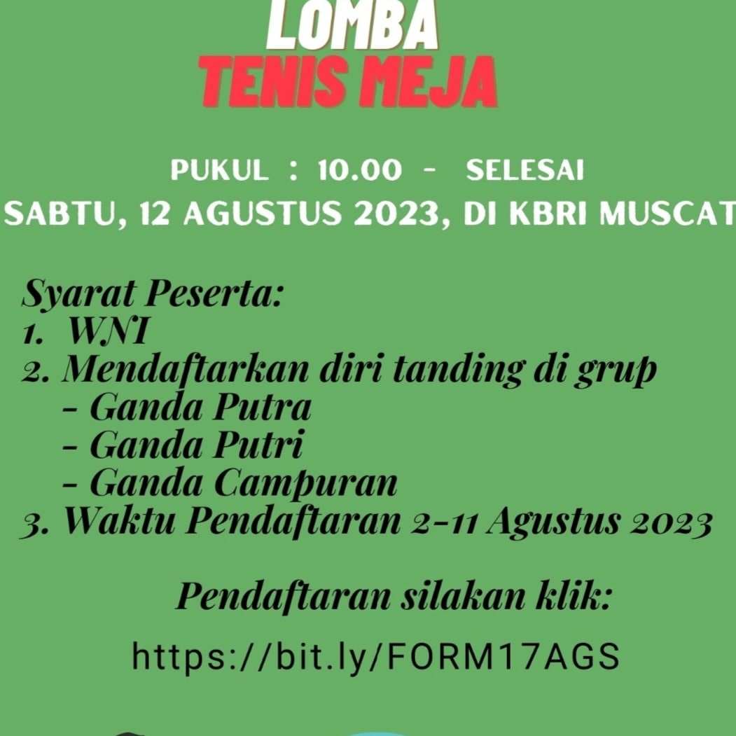 IndonesiaMuscat's tweet photo. Guna memeriahkah HUT RI ke-78 KBRI Muscat menggelar lomba kreasi masak Indomie, tenis meja, catur, gapleh, dan lomba untuk anak-anak.

Ayo daftarkan via link https://t.co/Ldbo7Kl3Mh https://t.co/lE5Y4IEE5p