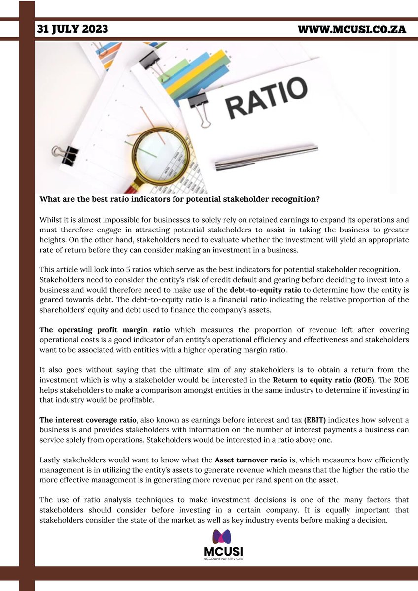 McusiServices's tweet photo. In today's article of the month, we'll be laying out different ratios you need to look out for that serve as financial indicators to stakeholders.

#Articleforthemonth #ratios #financialindicators https://t.co/dpUOHQ7eWJ