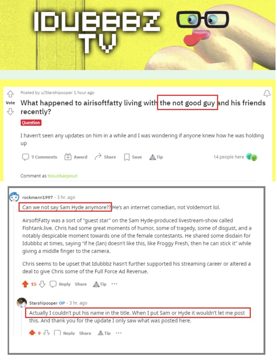 randpaulsnephew's tweet photo. The idubbbz subreddit has banned all mentioning of Sam Hyde in the comments #idubbbz #samhyde #creatorclash #creatorclash2 #fishtanklive #fishtankdotlive #worldpeace2 #mde https://t.co/oaiJwDoZ7R
