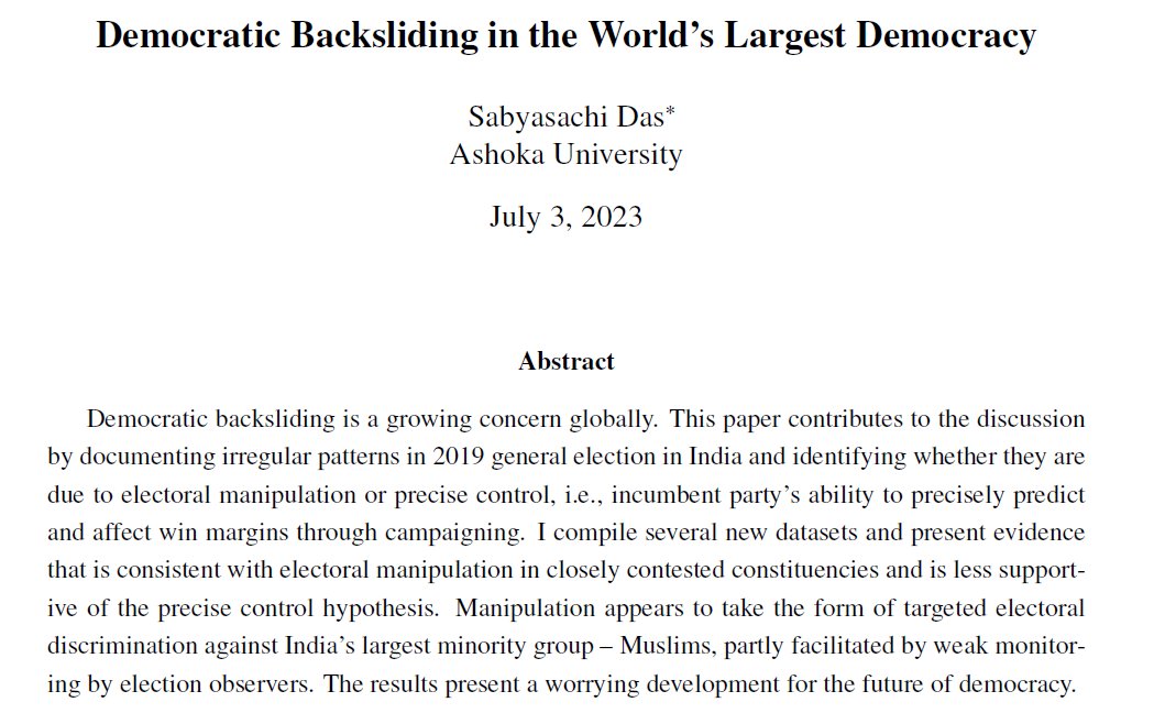 The BJP won the 2019 parliamentary elections in India: but was it ALL fair and square? This astonishing new working paper by @sabya_economist provides scientific evidence that suggests vote(r) manipulation by BJP. And no, this is NOT about EVMs. papers.ssrn.com/sol3/papers.cf… Thread🧵