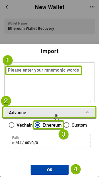 VetMaik's tweet photo. 😱HELP! I sent my #VET Ⓥ to my #ETH Ξ address😱

First of all, don't worry! We can fix this. My name is @VetMaik and I'm a well-known #VeChain community admin, experienced in helping members to recover their "lost" tokens.

Bookmark this guide so you can easily find and share it with members who are experience this issue. If you sent your tokens to another blockchains' address, use https://t.co/pQnljIgWXR or send me a DM!

Things you need:
- Sync2 wallet (download links in Step 2)
- Your seed phrase (12 words) (never share them with anyone!!!)

Let's get started with the guide!

Step 1:
Confirm that you've sent your tokens via the VechainThor network. You can do so, by going to https://t.co/odkfou9xlQ @VeChainStats and paste your address in the search field.

When your $VET is on the VechainThor network, they will show up in the wallet account page.

Step 2:
Download the official Sync2 wallet.
Desktop: https://t.co/KGLlNGzpL5
Android: https://t.co/xQhKNP2DYS
Apple: https://t.co/H8FylIlVX6

Step 3 (see image below):
Open Sync2 and use the Import wallet option.
1. Enter your 12 words
2. Click on [Advance]
3. Select Ethereum
4. Click OK

And that's it! You now imported your Ethereum wallet address on the VechainThor network and you have access to your tokens again!

If you somehow did not succeed, please contact me directly!