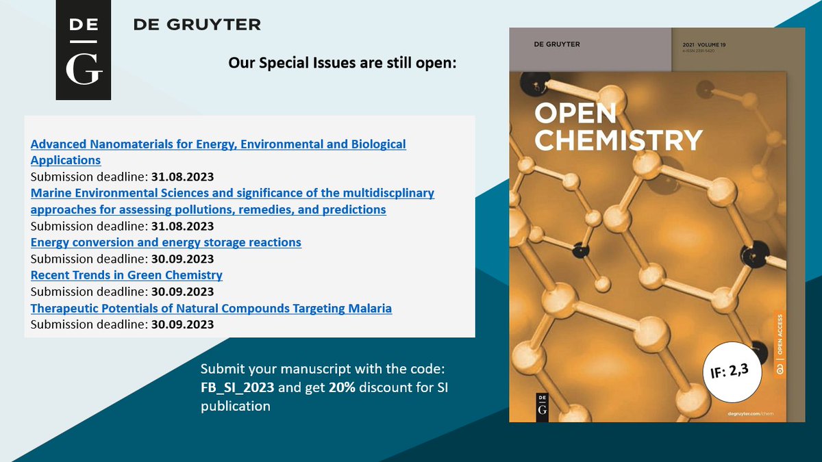 OpenChemistry's tweet photo. We are pleased to announce that our recent special #issues are still open! 😃

Check them out -> https://t.co/paWkUL6XQy

#OpenChemistry #Chemistry #Materials
@degruyter_pub @degruyter_phys https://t.co/3mqF1lMzQs