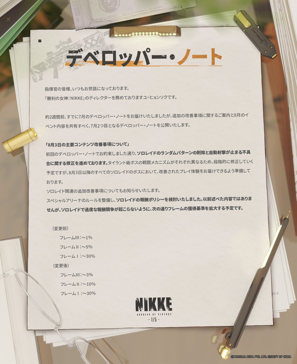 NIKKE_japan's tweet photo. 【デベロッパー・ノート】
「勝利の女神：NIKKE」ディレクターのユ・ヒョンソクから、2023年7月の2次デベロッパー・ノートが届きました。

内容は添付画像、または下記URLよりご確認ください🙏

◆ノート
https://t.co/ADFnIaoGyf

#NIKKE #ニケ #メガニケ https://t.co/ncFkmn6Pli