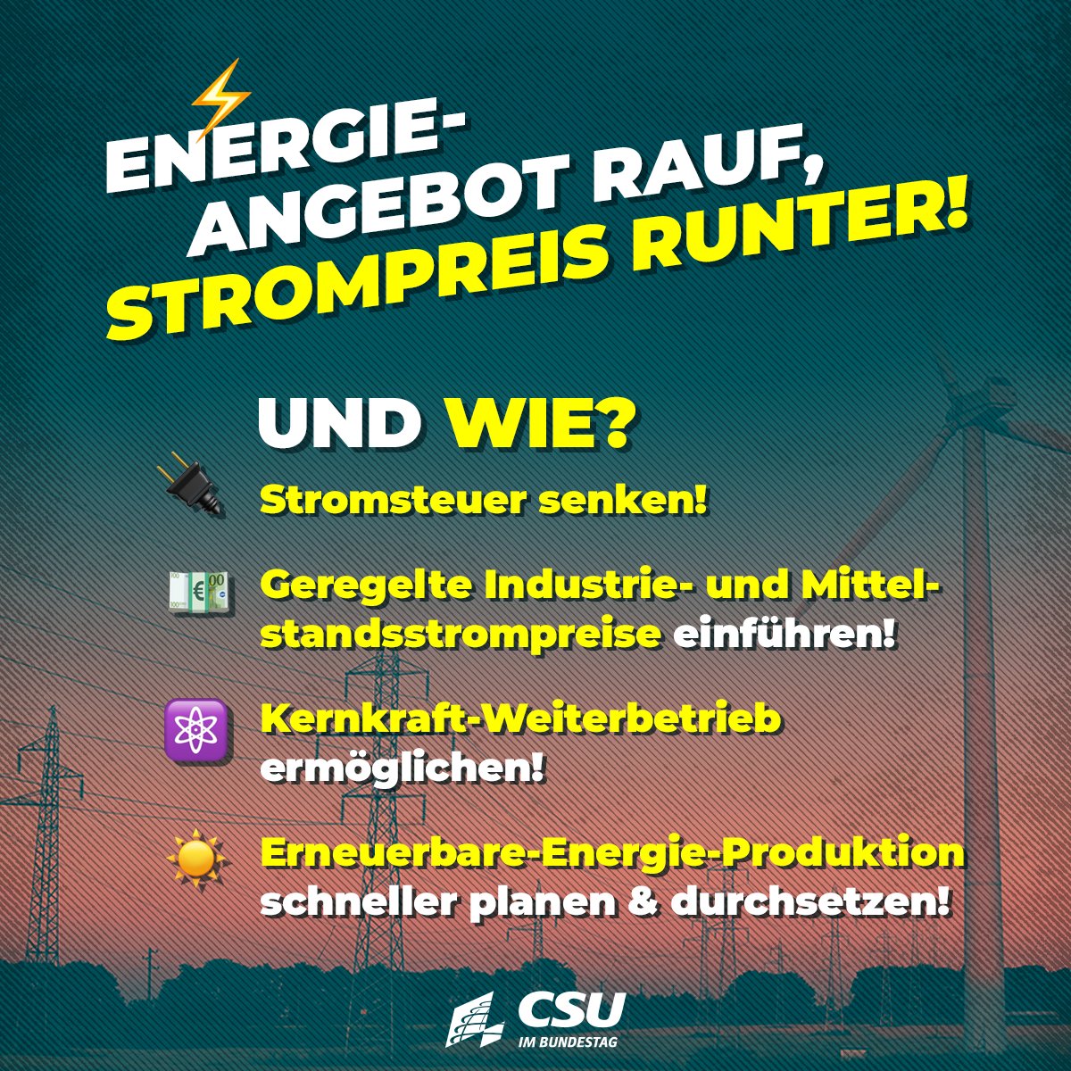 csu_bt's tweet image. Deutschland steckt in der #Rezession, unsere Wirtschaft schrumpft – auch wegen zu teurer Energie! Und was macht Minister Habeck? Er lässt die #Kernkraft abschalten, anstatt auf alle Energieformen zurückzugreifen. Wir fordern: Energieangebot rauf, Strompreis runter! 

📄👉Mehr