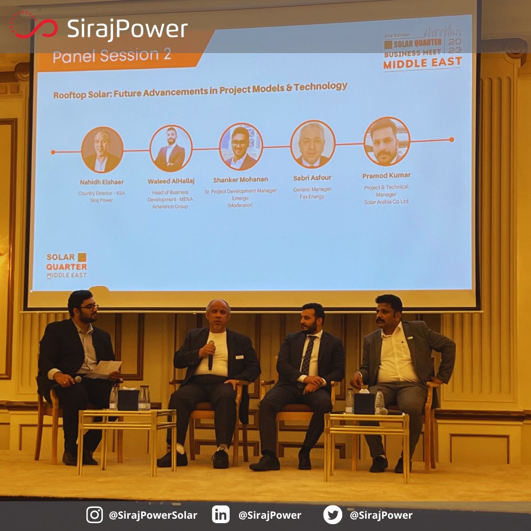 SirajPower's tweet image. #SirajPower KSA team at #SolarQuarter Business Meet Middle East 2023 in #SaudiArabia. Our Country Director, Nahidh Elshaer, was honored with SolarQuarter Power 50 Saudi Arabia Award 2023 for outstanding leadership in the #solar sector. 🏆 #GCCregion #solarpower