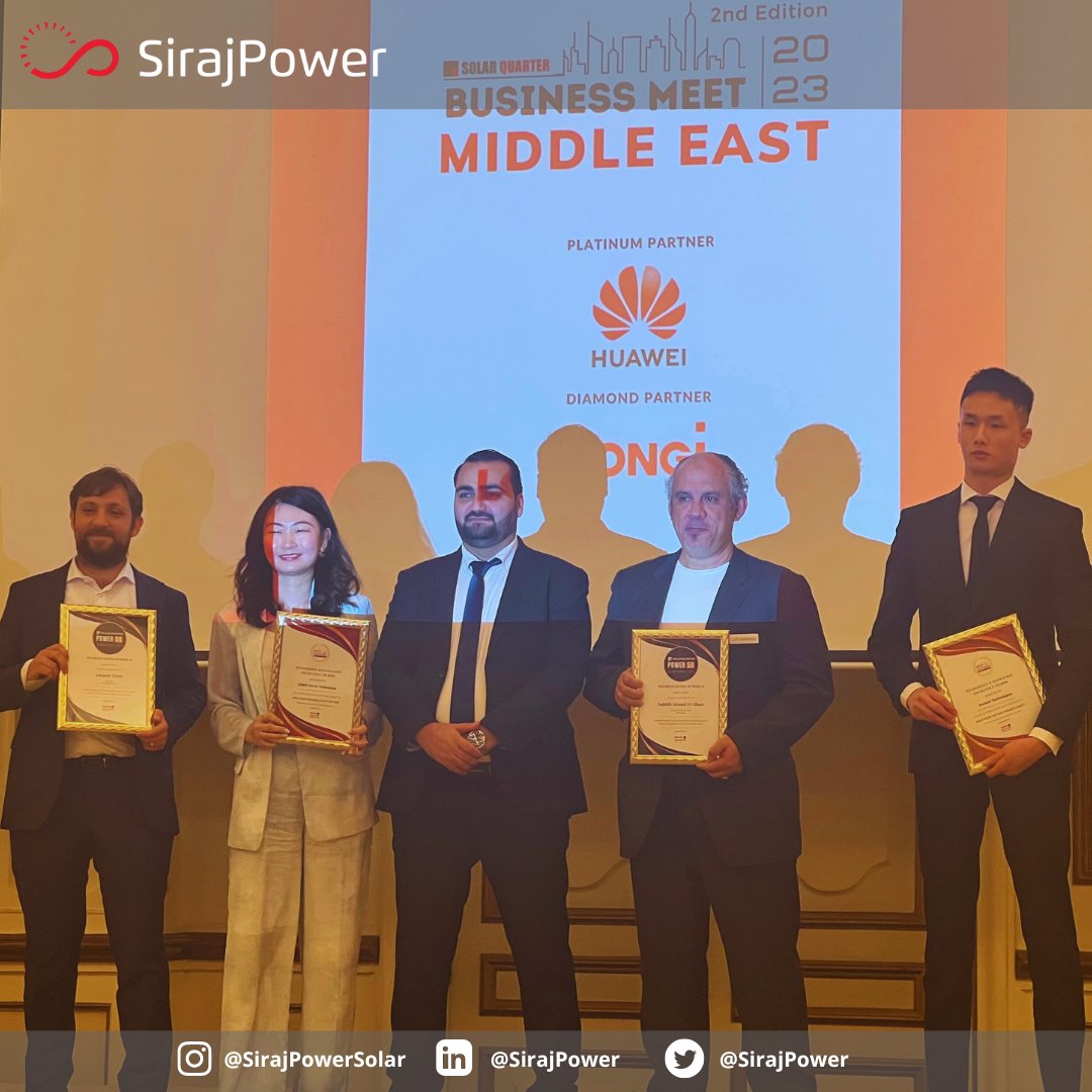 SirajPower's tweet image. #SirajPower KSA team at #SolarQuarter Business Meet Middle East 2023 in #SaudiArabia. Our Country Director, Nahidh Elshaer, was honored with SolarQuarter Power 50 Saudi Arabia Award 2023 for outstanding leadership in the #solar sector. 🏆 #GCCregion #solarpower