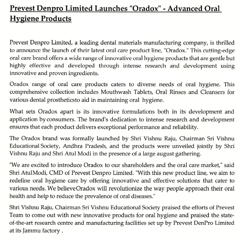 Prevest Denpro Ltd Launches 'Oradox' - Advanced Oral Hygiene Products