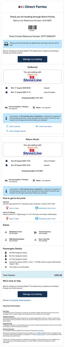 .<a href="/directferries/">Direct Ferries</a> weren’t honouring a COVID cancelled booking so you asked for details - see attached. Your colleagues advised booking was archived and nothing could be done. Surely the solution is a voucher or credit towards planned Oct re-booking?