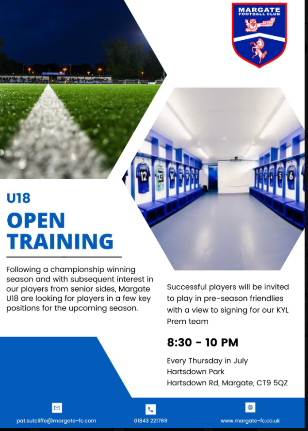 TR_FuBball's tweet photo. U1β£8β£'s PREMIER - Kent Youth League
π
Every Thursday
β° 8:30-10pm
π© pat.sutcliffe@margate-fc.com ππ§
β¨οΈ@PACE_Soccer @pacesoccerskool π²
π01843 221769
π»https://t.co/GKGB8w1JyN
@KentYouthLeague @PACE_Soccer @pacesoccerskool
@Margate_YouthFC
#BestInField #UpTheGateπ² https://t.co/USwGW1YGmo