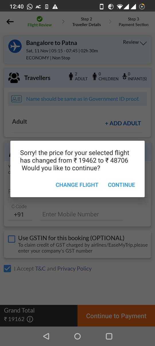 LabhSamir's tweet photo. I was booking my @IndiGo6E flight for #Diwali from Bangalore to Patna on @EaseMyTrip and Boom prices increased by 2.5x in minutes 8.5k to 24k for a 2hr.30min flight
  This is extortion we need some governance against unjustified pricing by airlines
@Ministry_CA @JM_Scindia Help!! https://t.co/nfMtPX12ZX