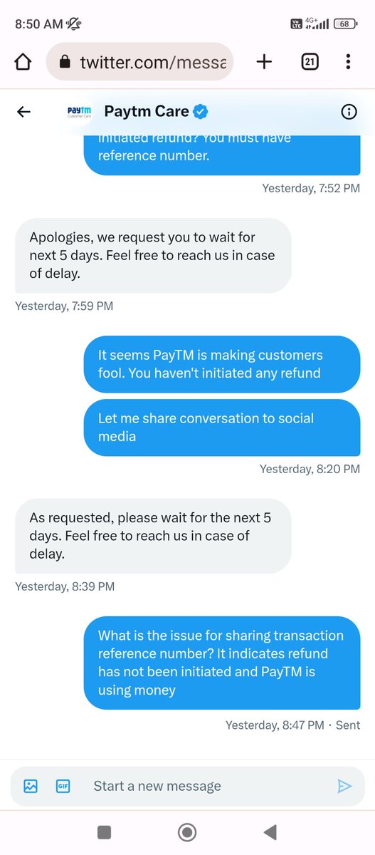 pankit7's tweet photo. @Paytmcare I am chasing PayTM for refund status of my failed transaction. Support team is not sharing transaction reference number. What kind of support is this? I suspect they haven't initiated refund yet #paytm https://t.co/XWLHzP9eg6