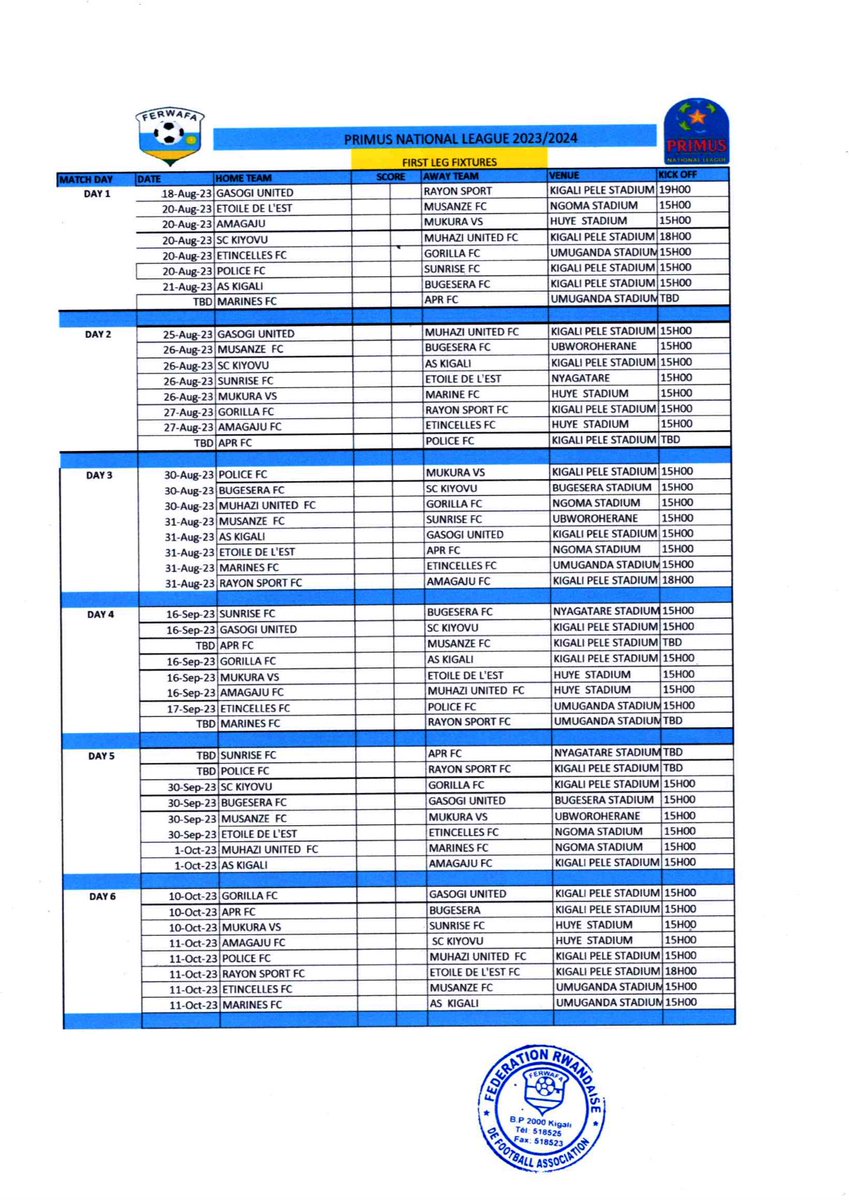 FERWAFA's tweet image. Gahunda y’uko amakipe azahura muri PRIMUS NATIONAL LEAGUE 2023-2024 mu bagabo yasohotse.
Ubu wareba urugendo rw’ikipe ufana muri shampiyona y’icyiciro cya mbere mu bagabo.
#PNL2024