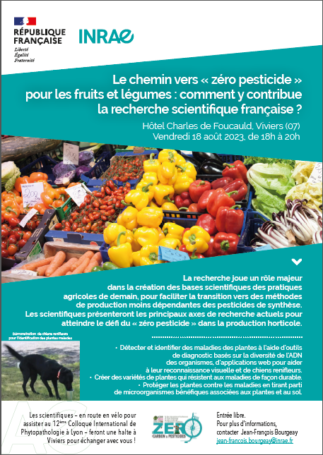INRAE_PV's tweet photo. 🗓️18/08/23 - Viviers (Ardèche).🚴‍♀️👍Halte des scientifiques en route en vélo pour assister au  Colloque International de Phytopathologie à Lyon. Rencontre : Le chemin vers "zéro pesticide" pour les fruits et légumes : comment y contribue la recherche scientifique française ?🍊🍅🍈 https://t.co/YbqhjymqZE
