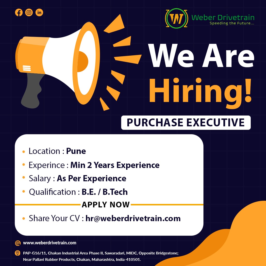 WeberDrivetrain's tweet photo. ๐ข Job Opportunity Alert! Weber Drivetrain Pvt Ltd is Hiring for the Position of Purchase Executive
Are you an experienced professional in the field of purchasing and procurement?
If yes, then we have great news for you!
#hiring #weberdrivetrain #HiringAlert #Jobs https://t.co/8oXKEzEmHE