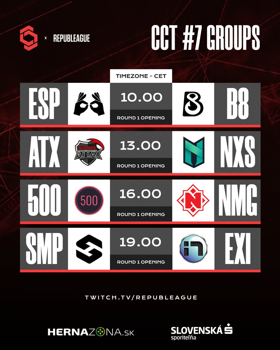 REPUBLEAGUE (@republeague) on Twitter photo Group Stage of Online Series 7 starts today!
▶️Twitch.tv/REPUBLEAGUE▶️
<a href="/EspionageCS2/">EspionageCS</a>
<a href="/B8esportsGG/">B8 Esports</a>
<a href="/ATNattax/">ALTERNATE aTTaX</a>
<a href="/TheNexus_GG/">Nexus Gaming</a>
<a href="/CSGO500/">CSGO500</a>
<a href="/nemigagg/">Nemiga Gaming</a>
@teamsampi
#csgo #CCT #Esports #Twitch Group Stage of Online Series 7 starts today!
▶️Twitch.tv/REPUBLEAGUE▶️
<a href="/EspionageCS2/">EspionageCS</a>
<a href="/B8esportsGG/">B8 Esports</a>
<a href="/ATNattax/">ALTERNATE aTTaX</a>
<a href="/TheNexus_GG/">Nexus Gaming</a>
<a href="/CSGO500/">CSGO500</a>
<a href="/nemigagg/">Nemiga Gaming</a>
@teamsampi
#csgo #CCT #Esports #Twitch