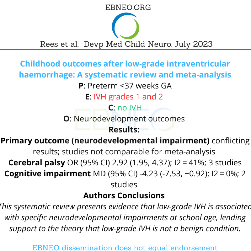 Is low grade intraventricular haemorrhage in preterm infants benign? Systematic review by @PhilippaCRees et al evaluted the impact of grade 1 & grade 2 IVH in childhood period @mackeithpress #neoEBM #EBNEOAlerts buff.ly/47cTjRZ