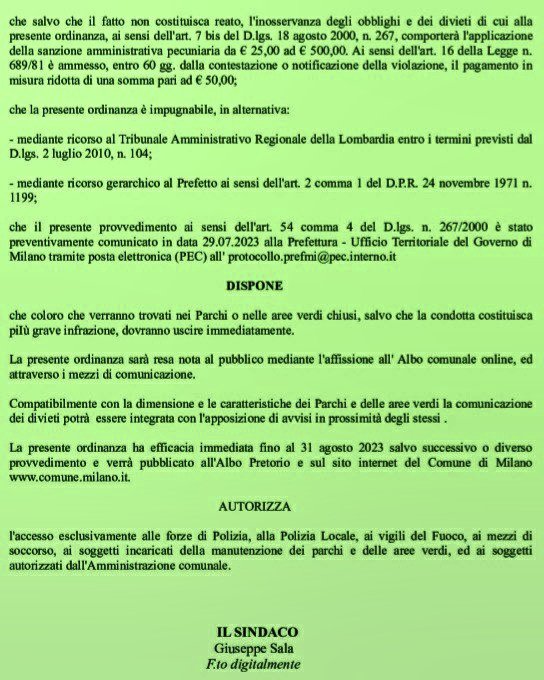 ginugiola's tweet photo. #Ordinanza #Sindaco @ComuneMI #29luglio2023
Misure urgenti a sensi 
art. 54 comma 4
DLgs267/2000 ⤵️
#chiusura #parchi recintati e utilizzo 
in #sicurezza aree verdi  
a seguito #danni provocati condizioni atmosfetiche avverse #prevenzione
#GEV
@VivMilano 
@franco_sala @baratto_m https://t.co/L0ZmpLheqb