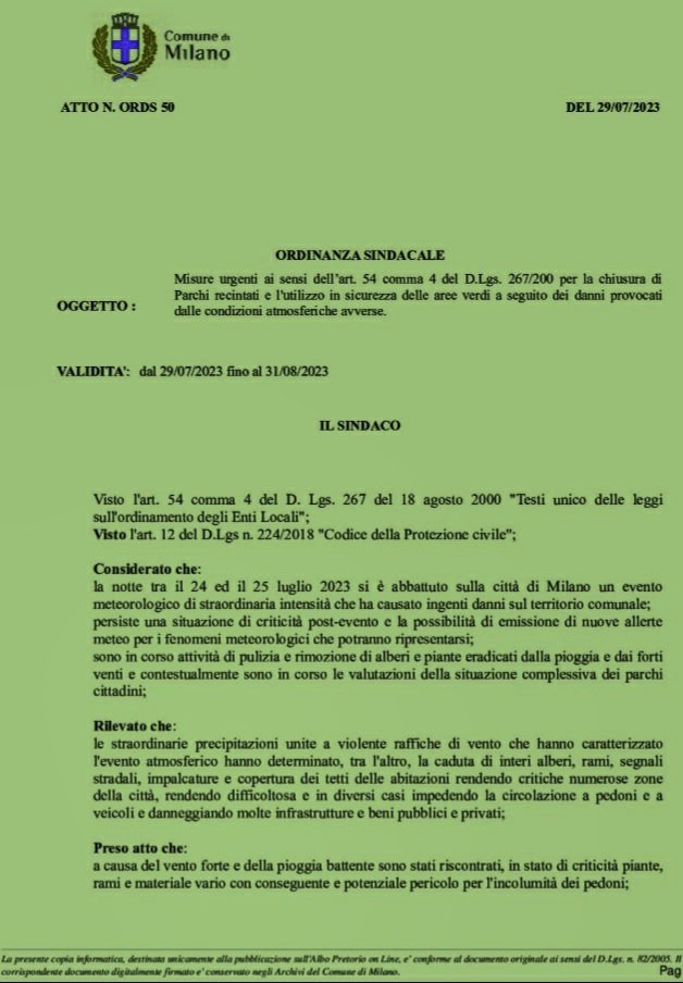 ginugiola's tweet photo. #Ordinanza #Sindaco @ComuneMI #29luglio2023
Misure urgenti a sensi 
art. 54 comma 4
DLgs267/2000 ⤵️
#chiusura #parchi recintati e utilizzo 
in #sicurezza aree verdi  
a seguito #danni provocati condizioni atmosfetiche avverse #prevenzione
#GEV
@VivMilano 
@franco_sala @baratto_m https://t.co/L0ZmpLheqb
