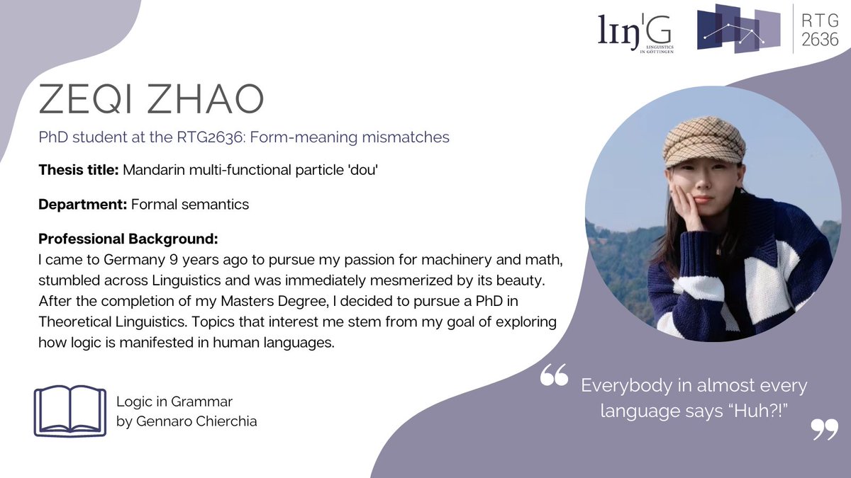 LinGoettingen's tweet image. Zeqi Zhao came to Göttingen 9 years ago - she&apos;s a Uni Göttingen veteran, so to speak. We are glad that she pursues her PhD on the Mandarin multi-functional particle &apos;dou&apos;, and thus to have her in the Göttingen Linguistics Department for some time to come. #LinGoe #FormalSemantics