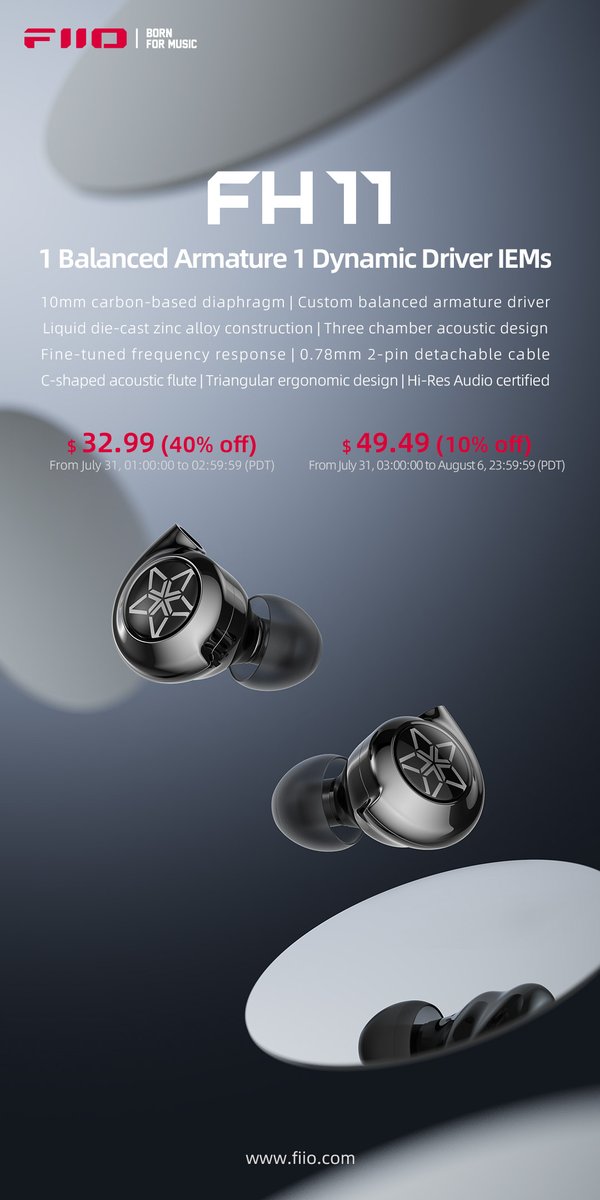 1 Balanced Armature 1 Dynamic Driver IEMs FH11 Is Officially Released!
fiio.com/newsinfo/85822…
One winner for a free FH11! Share the post to get it!
1. Follow us and retweet this post.
2. The entry will be closed at 23:59, August 3rd (GMT+8), and the winner will be announced on
