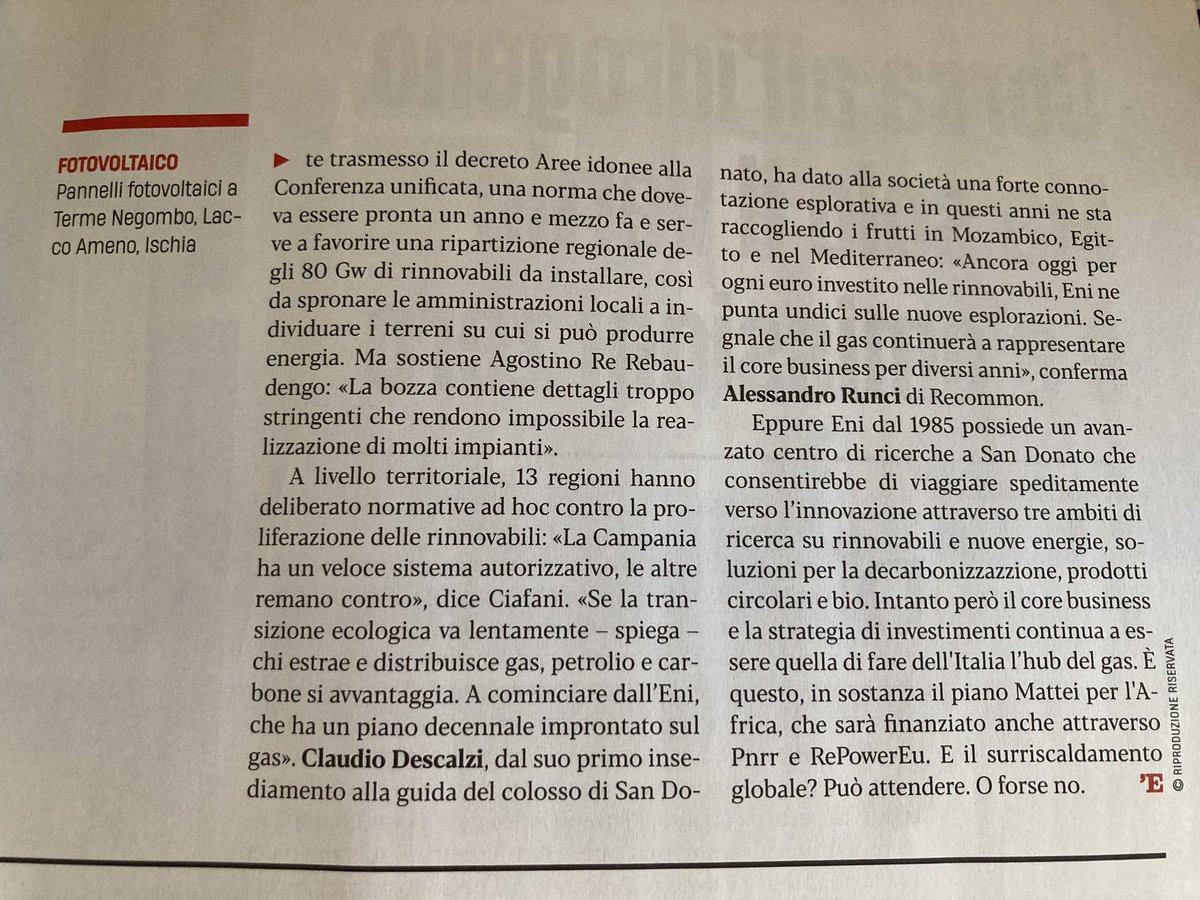 Recommon's tweet photo. 💶 “Per ogni € investito sulle rinnovabili, #ENI ne punta 11 sulle nuove esplorazioni fossili”. 

🗞️Pensieri e parole del nostro @Ale_Runci sull'ultimo numero dell’@espressonline in edicola. https://t.co/AtOuDpg031
