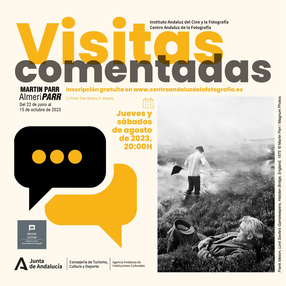 El Centro Andaluz de la Fotografía #CAF oferta visitas comentadas por expertos en mediación cultural a la exposición AlmeriPARR.

Duración, 1 h (aprox.), aforo máximo de 25 personas

🗓️ Jueves y sábados de agosto, a las 20h

Reservas en:
acortar.link/aZBN79