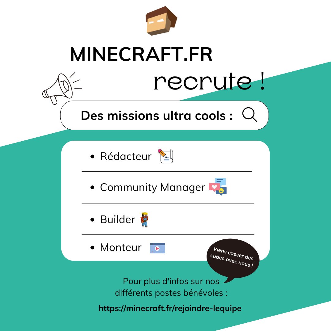 On recrute pour la fin de l'été et la rentrée 🤩!

Nous recherchons des personnes bénévoles motivées pour devenir :
- Rédacteur ✍️
- Community Manager 📢
- Builder ⛏️
- Monteur 🎥

Un de ces postes t'intéresse ? Plus d'infos ici : minecraft.fr/rejoindre-lequ…