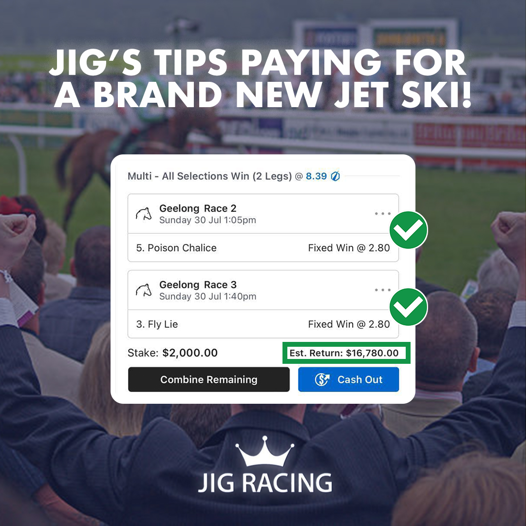 We tipped POISON CHALICE on @RSN927 last Friday... WIN ✅

We then tipped FLY LIE to subscribers... WIN ✅

One punter coming home from the shops with a brand new Sea Doo just from multi-ing the two selections. It pays to download the Jig Racing app 🔥

#FreeHorseRacingTips