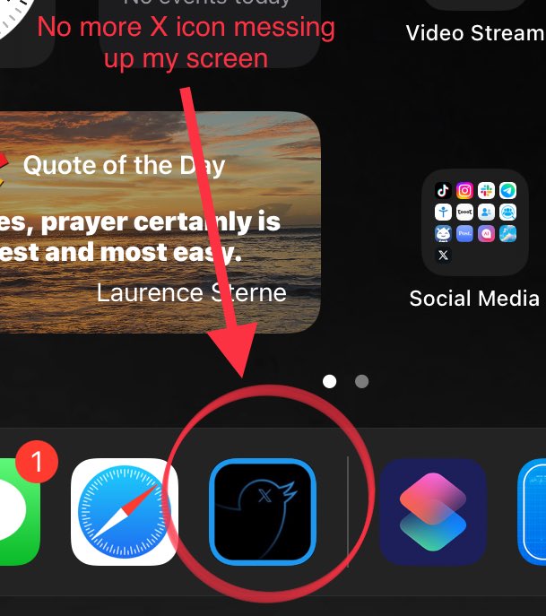 thewebbix's tweet photo. Created my replacement icon and installed. No more glaring, hideously designed X icon to ruin appearance of my screen.
The original X app is still in my apps but in a folder, out of frequent view. It is the small victories. #ResistX #NoX https://t.co/xaz0RIBcUR