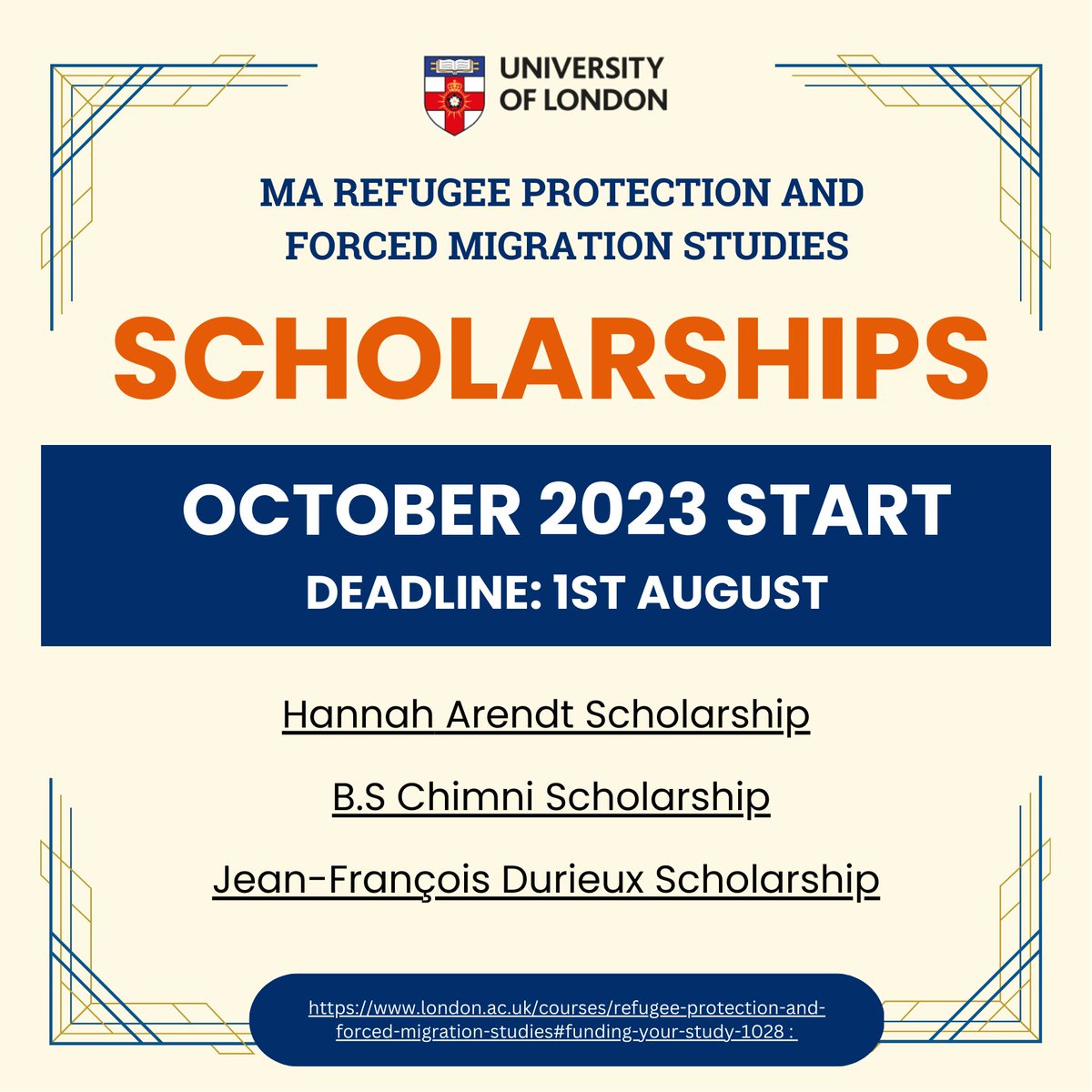 Apply by TOMORROW for 3 full scholarships for the MA in Refugee Protection and Migration Studies - October 2023 start. @sasnews @LondonU london.ac.uk/applications/f… #RefugeeStudies #RefugeeProtection #Refugees #MigrationStudies #PostgraduateStudy #DistanceLearning #Scholarships