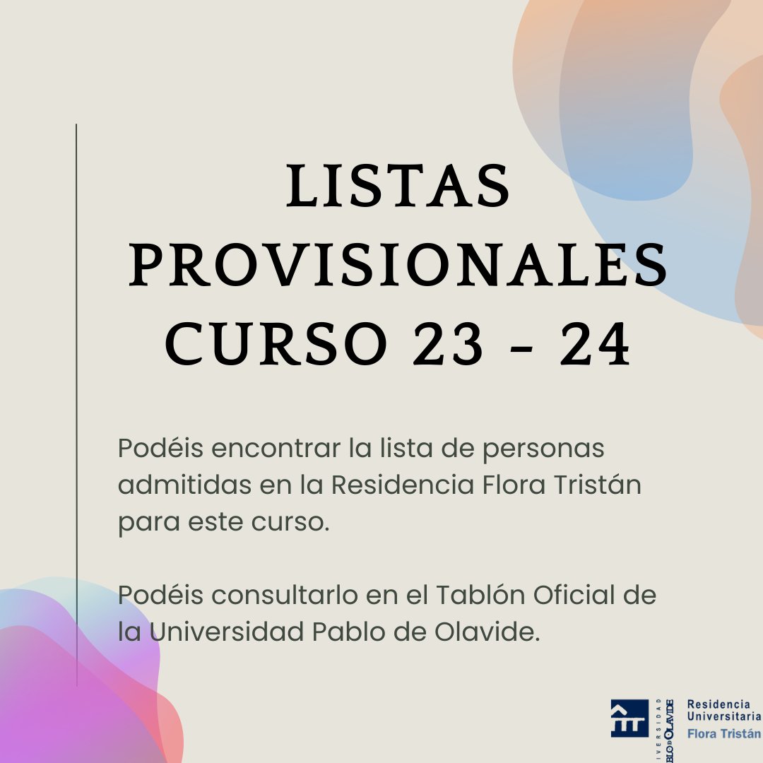 Ya están publicadas en el tablón oficial de la <a href="/pablodeolavide/">Pablo de Olavide</a> las listas provisionales de personas admitidas en la Residencia Universitaria Flora Tristán
upo.gob.es/teo#teo-subsec…

¡Buen verano! 🌄