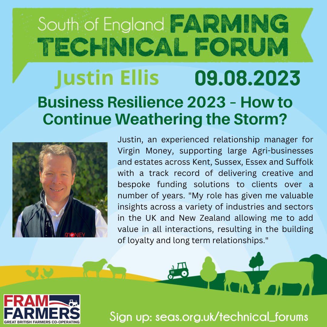 Justin Ellis, an agri-business manager at <a href="/VirginMoney/">Virgin Money</a>, has insight across a variety of sectors in the UK, making him a great panellist in our discussion 'Business Resilience 2023 - How to Continue Weathering the Storm?' on 9th Aug 12.30-1.30pm
Sign up at: seas.org.uk/technical_foru…