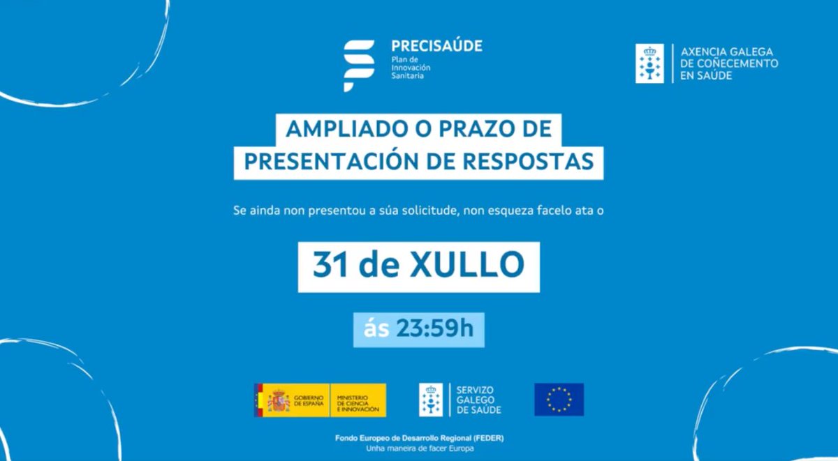 ACIS_sergas's tweet photo. 👀 Hoxe é o último día para o envío de propostas na Consulta Preliminar ao Mercado do Plan de Innovación PRECISAÚDE a través do seguinte formulario: https://t.co/hPOKgu6KPm 📝

Toda a info: https://t.co/bNnWIUelsr ℹ️ https://t.co/K6hMzY8BAG