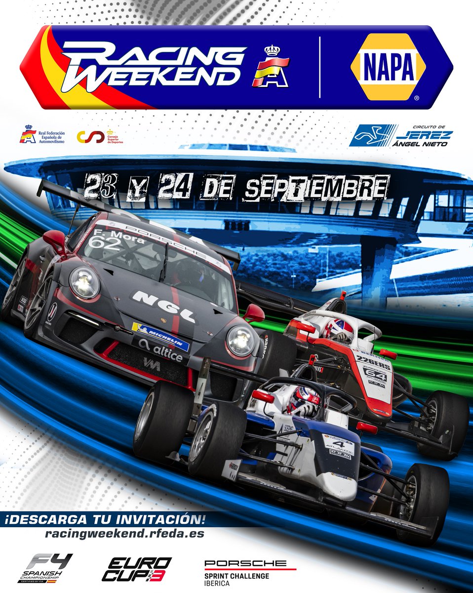 EPIC_RW's tweet photo. H O L A  J E R E Z🤗

Mejoramos tu lunes antes de vacaciones el regreso del   #NAPARacingWeekend al @circuitodejerez 

2⃣3⃣ y 2⃣4⃣ de #septiembre

#RFEDA #F4Spain #EuroCup3 #PorscheSprintChallengeIbérica #PitWalk #Easydrift

Descarga tu invitación 👇

https://t.co/Y2UetjwHnA https://t.co/HSLEjM9fC9