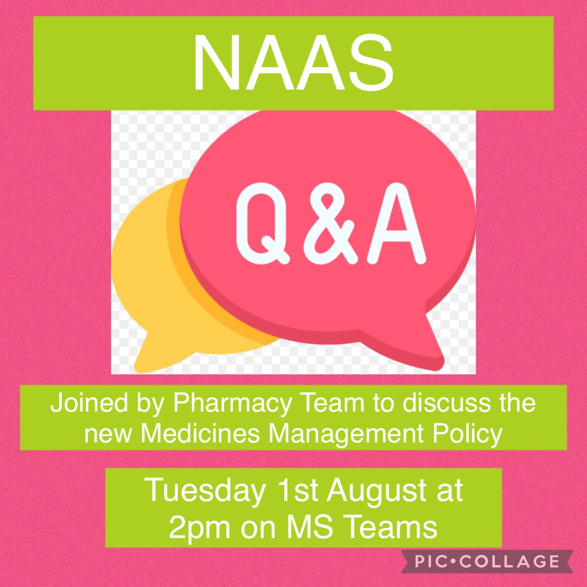 🚨Tomorrow is time for the NAAS Q&amp;A monthly session🚨 we will be joined by the pharmacy team to discuss the new medicines management policy🤩 look forward to seeing you all virtually 🤩 <a href="/NCAlliance_NHS/">Northern Care Alliance NHS Foundation Trust (NCA)</a> <a href="/JaneGarforth1/">Jane Garforth</a> <a href="/hcarterrje/">helen carter</a> <a href="/VickT75/">Victoria Thorne</a> <a href="/jacqui_burrow/">Jacqui Burrow</a> @rhiashworth18