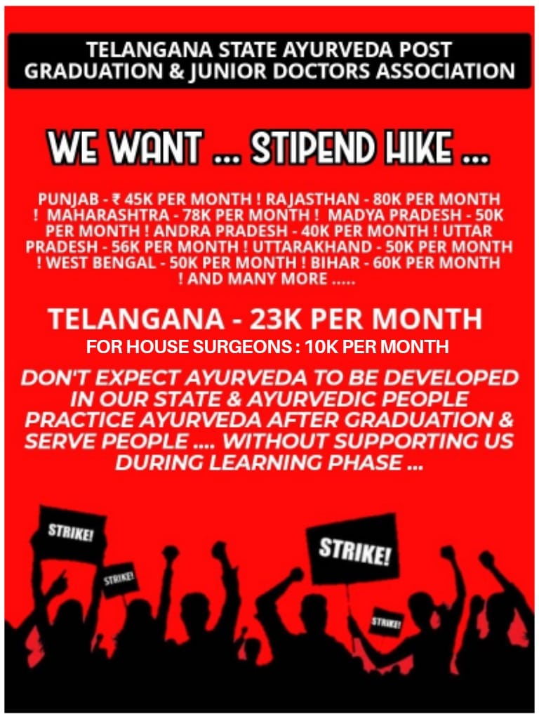 SanthoshBharad5's tweet photo. Telangana state Ayurveda Post graduation and junior doctor association organised an indefinite strike regarding #Stipendissue .
@KTRBRS @BRSHarish @TelanganaCMO https://t.co/ycGSZGvqY1